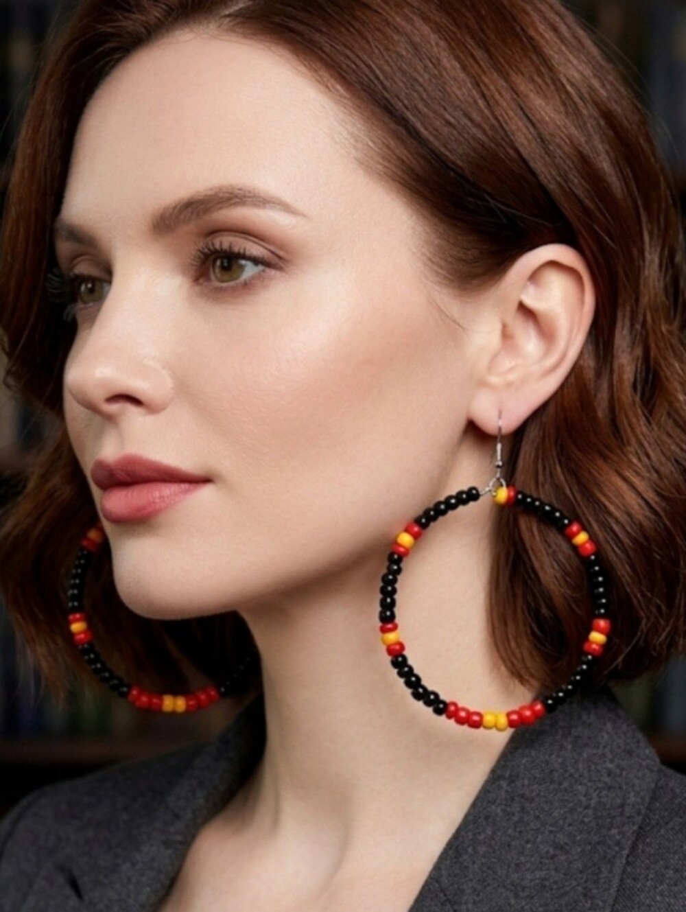 Bold Multi-Bead Hoop Earrings — Black, Red & Yellow